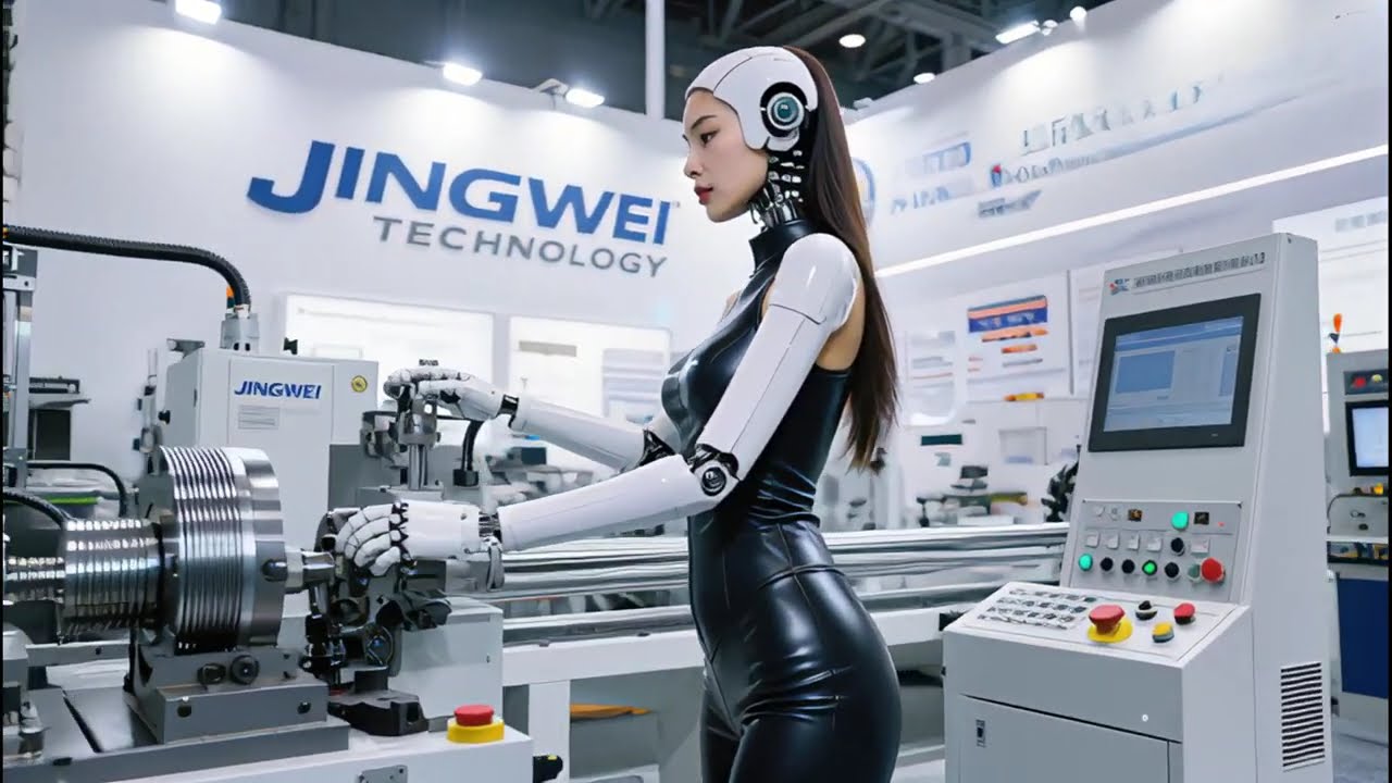 The robot is operating the machine carefully.